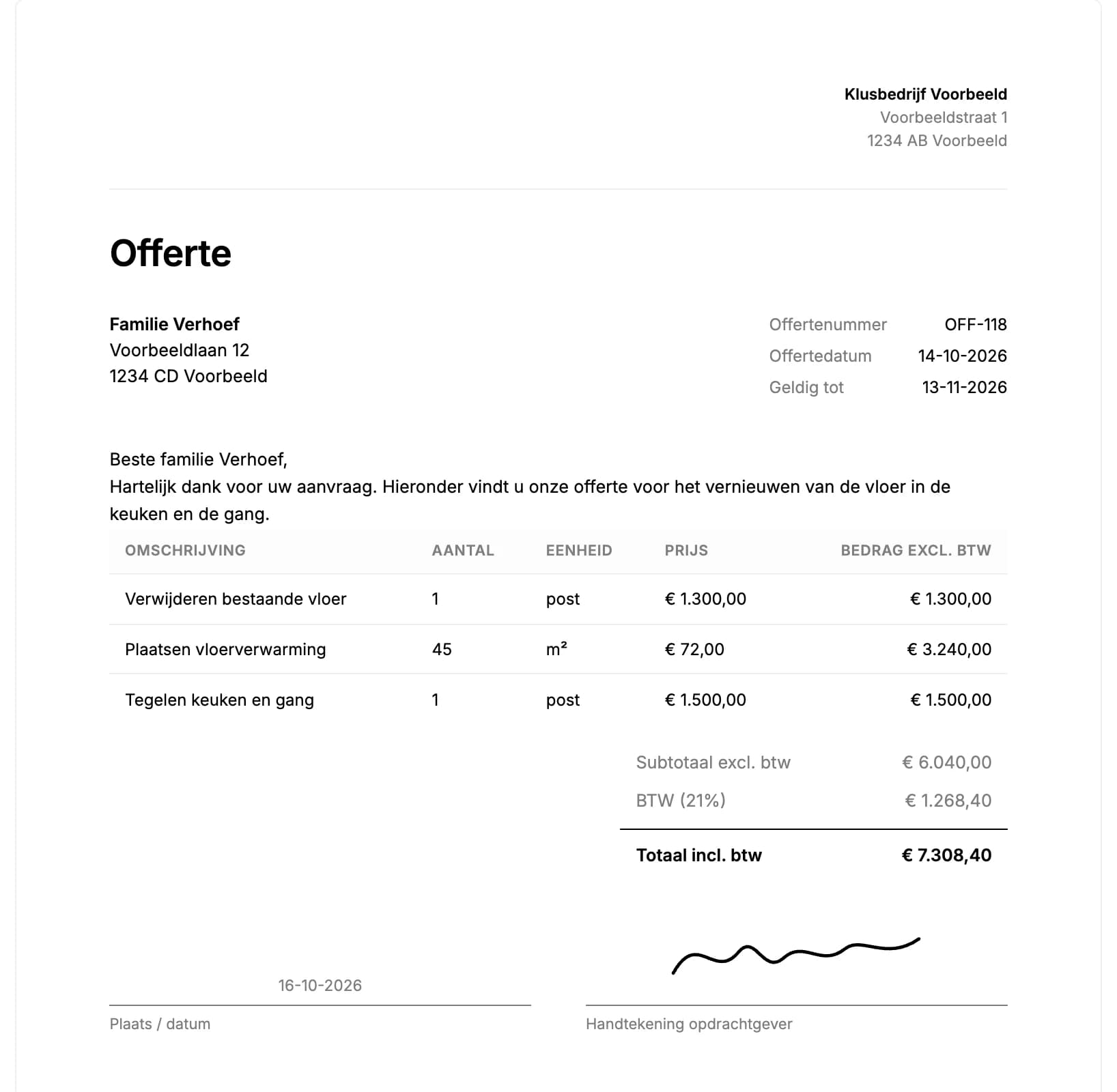 Een ondertekende offerte zoals de klant hem ziet